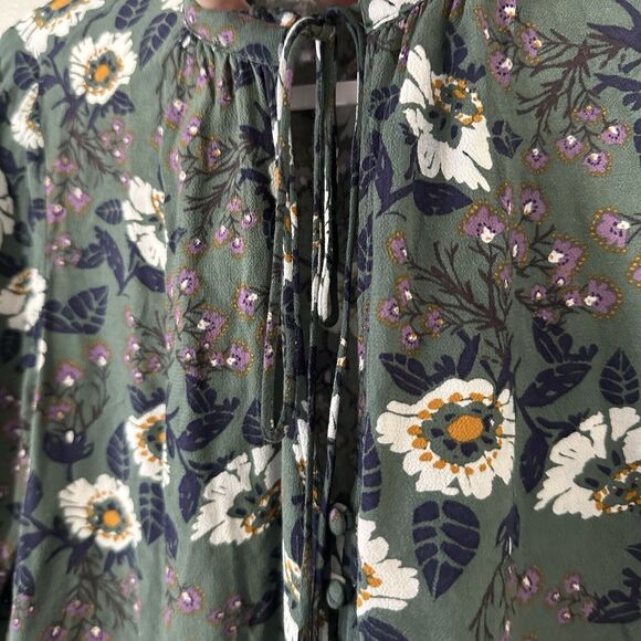 Free People Magic Mystery Size XS Boho Green Floral Mini Tunic Dress Bell Sleeve - Picture 6 of 16